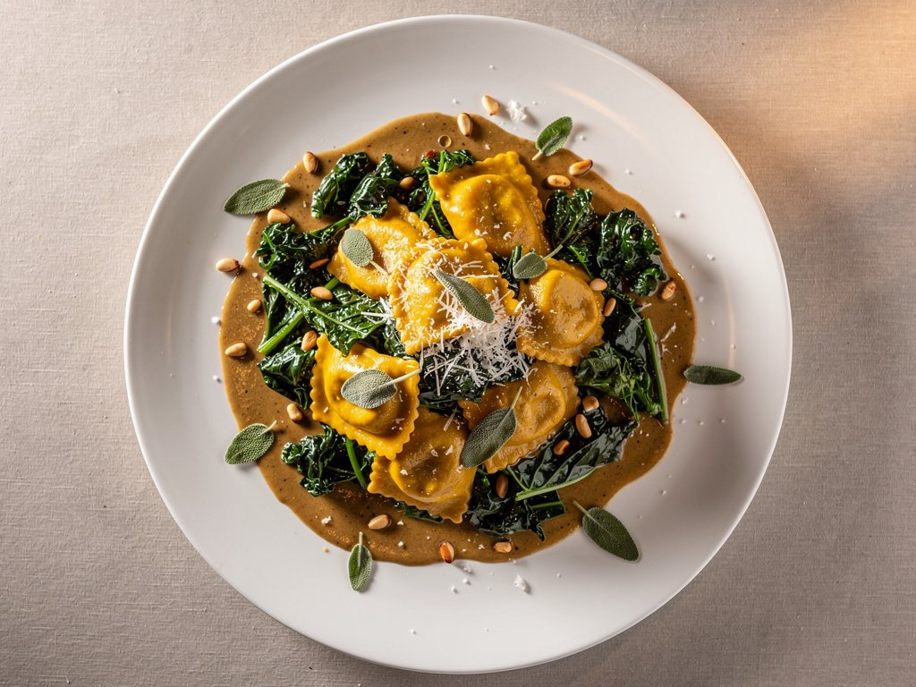 Butternut Squash Agnolotti with Kale in Sage Brown Butter Sauce