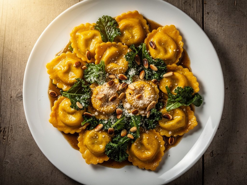 Butternut Squash Agnolotti with Kale in Sage Brown Butter Sauce