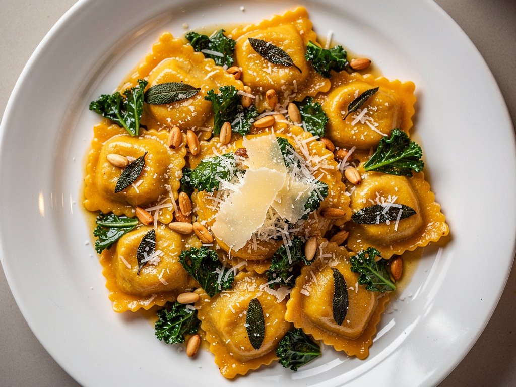 Butternut Squash Agnolotti with Kale in Sage Brown Butter Sauce