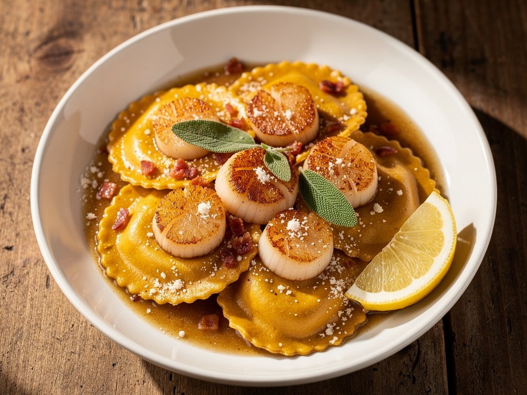Butternut Squash Agnolotti with Seared Scallops and Bacon in Brown Butter Sage Sauce