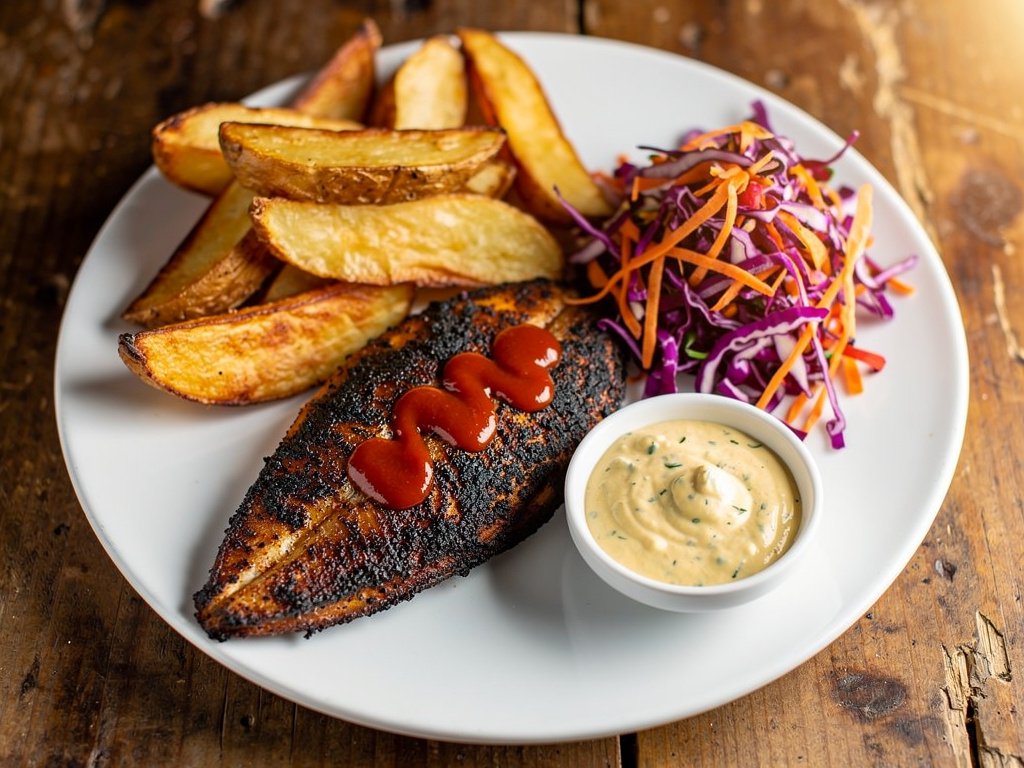Cajun Blackened Tilapia with Smoky Potato Wedges and Tangy Cabbage Slaw