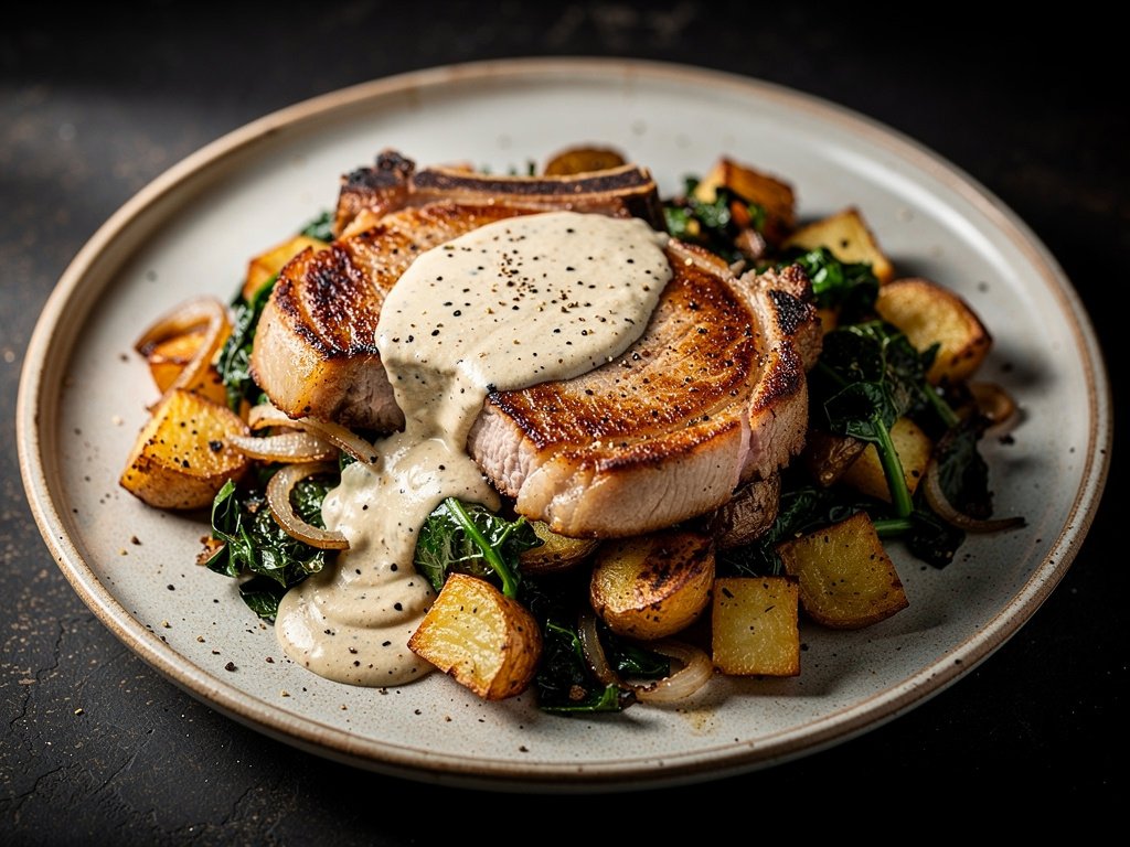 Cajun Pork Chops with Collard Green-Potato Hash and Creamy Black Pepper Gravy