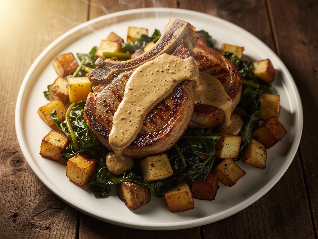 Cajun Pork Chops with Creamy Gravy and Potato Collard Green Hash