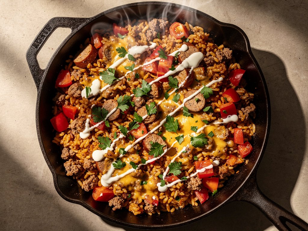 Cajun Pork Sausage and Dirty Rice Skillet with Parsley Crema