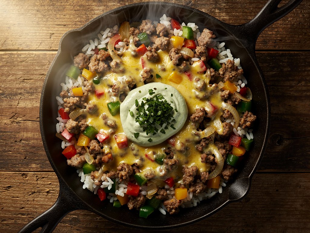 Cajun Pork Sausage Skillet with Dirty Rice and Parsley Crema