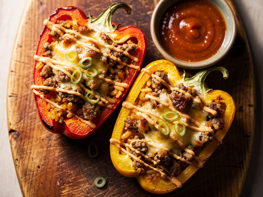 Cajun Sausage Stuffed Peppers with Pepper Jack and Hot Sauce Crema