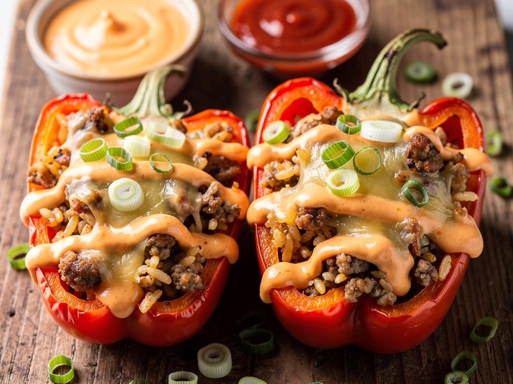 Cajun-Spiced Sausage Stuffed Peppers with Pepper Jack and Hot Sauce Crema