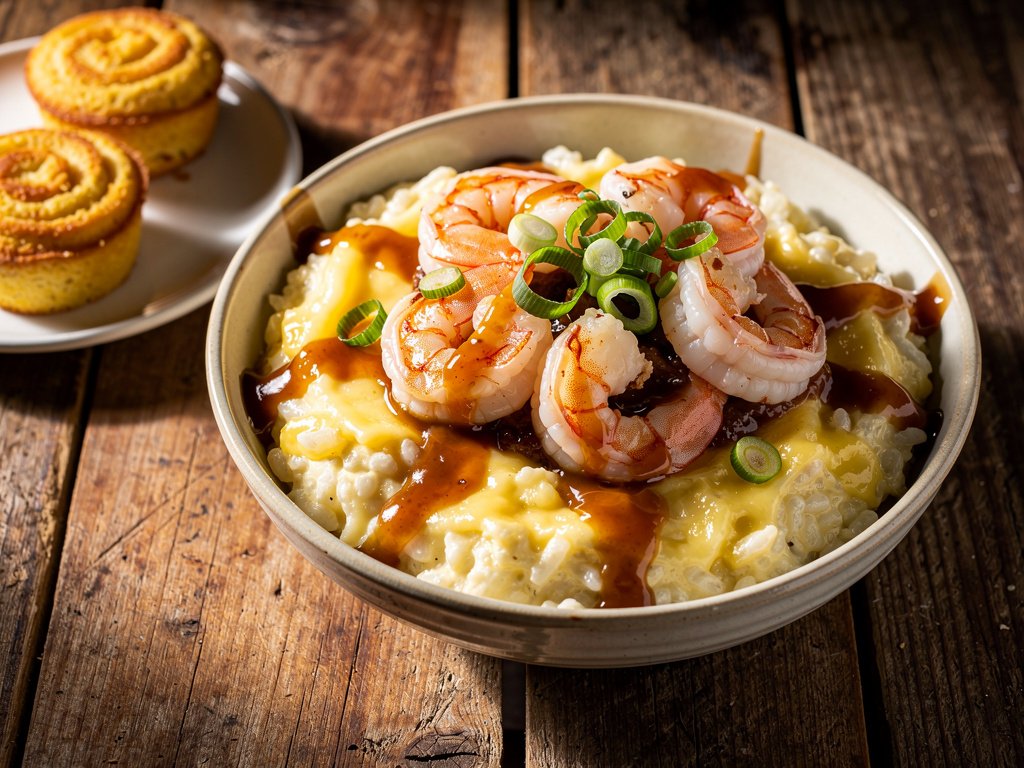 Cajun Shrimp and Cheesy Rice with Cornbread Swirls and Bacon Jam
