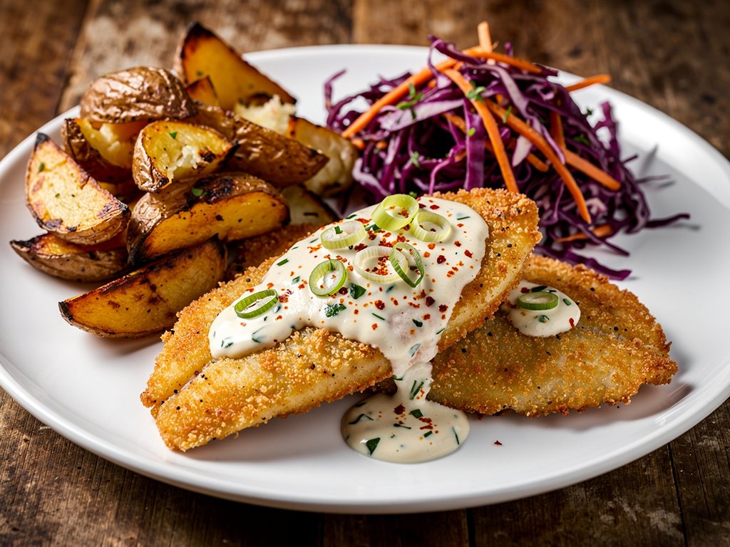 Cajun-Spiced Tilapia with Potato Wedges and Red Cabbage Slaw