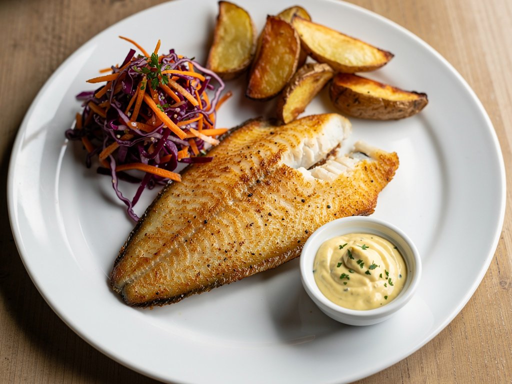 Cajun-Spiced Tilapia with Potato Wedges and Red Cabbage Slaw