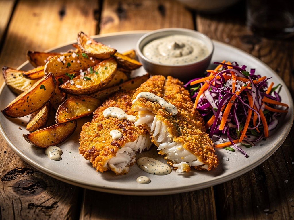 Cajun-Spiced Tilapia with Crispy Potato Wedges and Tangy Red Cabbage Slaw