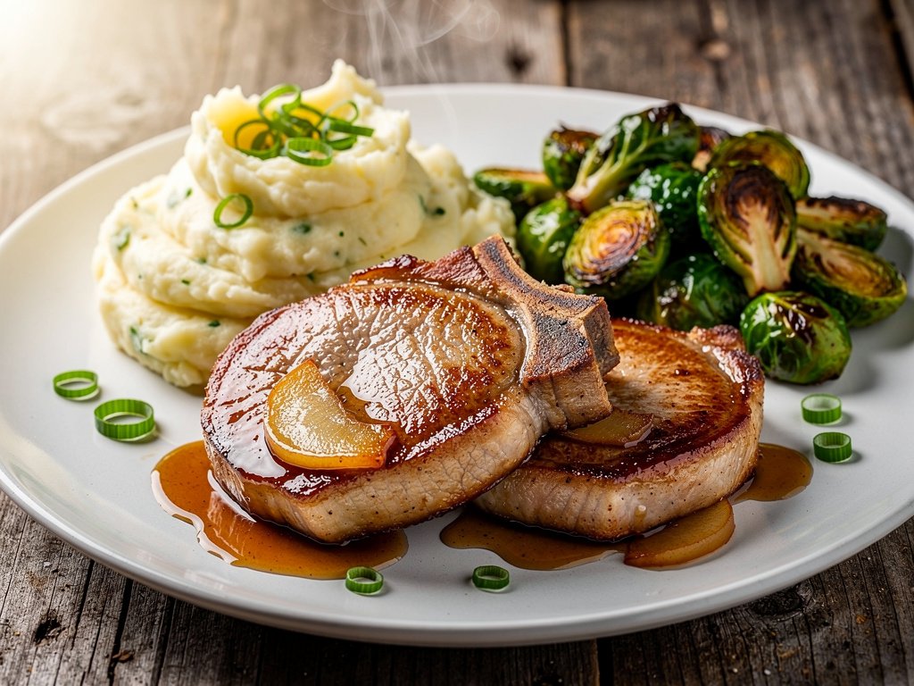 Caramelized Bourbon Pork Chops with Apple Pan Sauce, Scallion Mashed Potatoes, and Roasted Brussels Sprouts