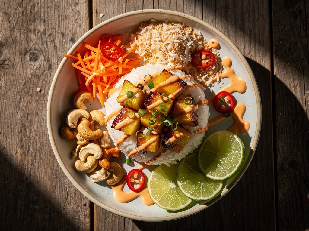 Caramelized Chicken and Pineapple Poke Bowls with Sriracha Cream