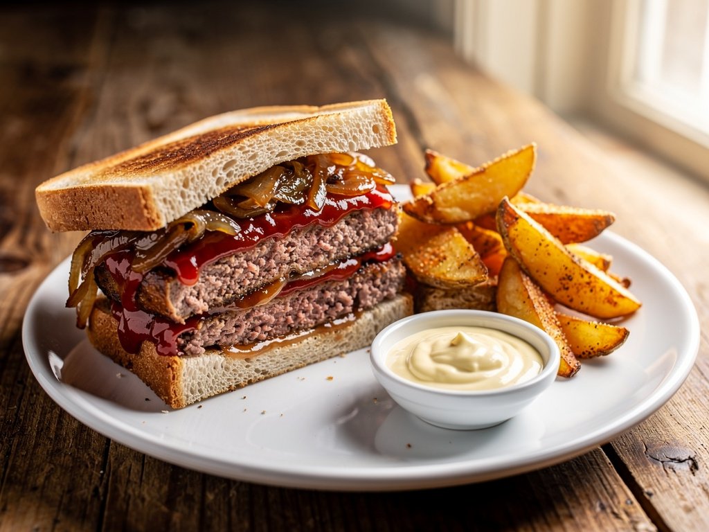 Caramelized Onion Meatloaf Sandwich with Potato Wedges and Horseradish Dijonnaise
