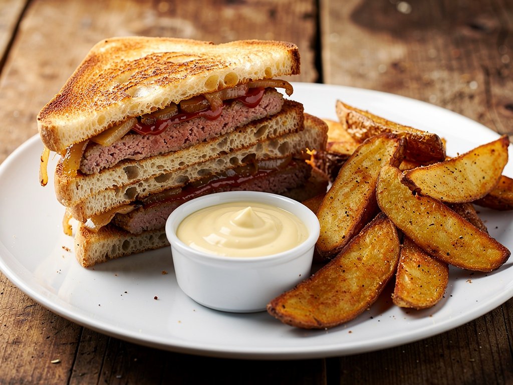 Caramelized Onion Meatloaf Sandwich with Potato Wedges and Horseradish Dijonnaise