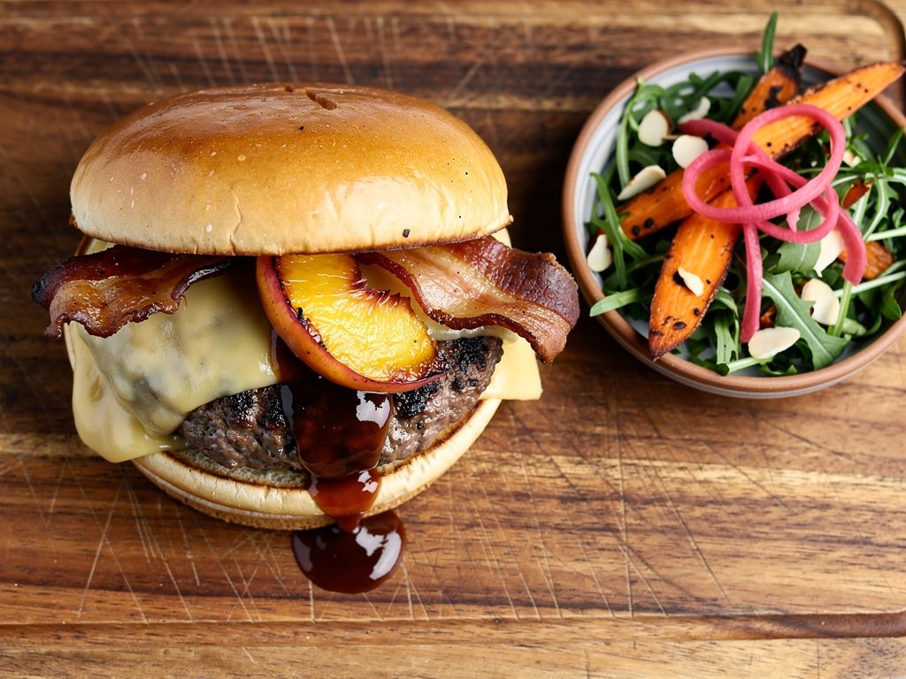 Caramelized Peach and Bacon Burger with Roasted Carrot Arugula Salad
