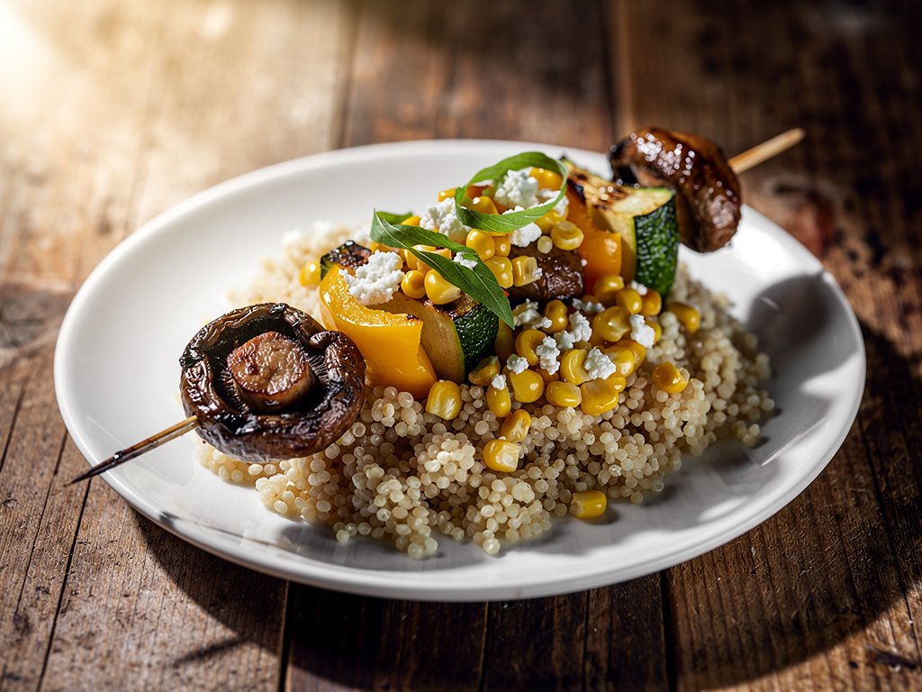Caramelized Veggie Skewers with Corn Relish and Herby Couscous