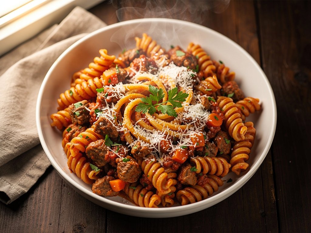 Hearty Cavatappi Pasta with Beef Ragu and Parmesan