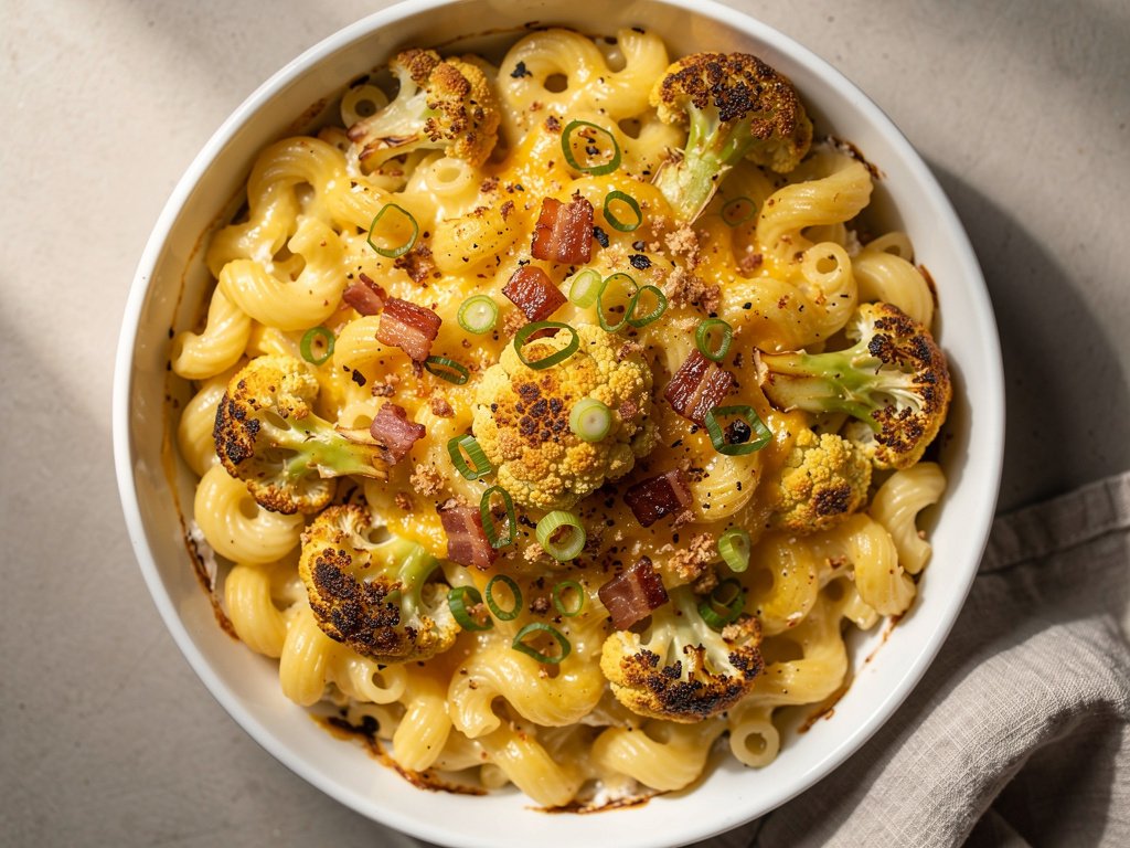 Cavatappi Mac and Cheese with Roasted Cauliflower and Crispy Pancetta