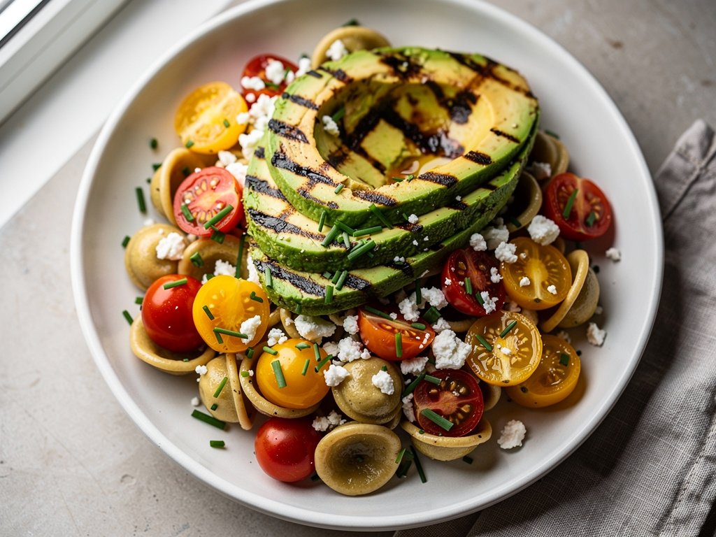 Charred Avocado Orecchiette with Heirloom Tomatoes and Feta