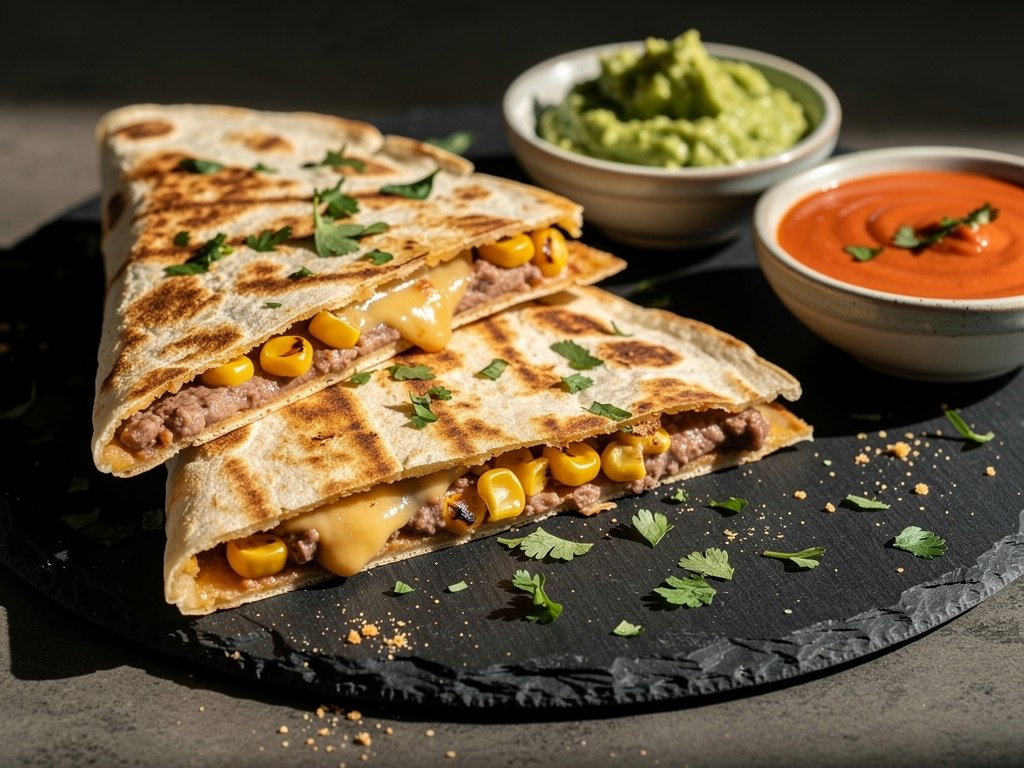Charred Corn and Refried Bean Quesadillas with Creamy Guacamole and Smoky Crema