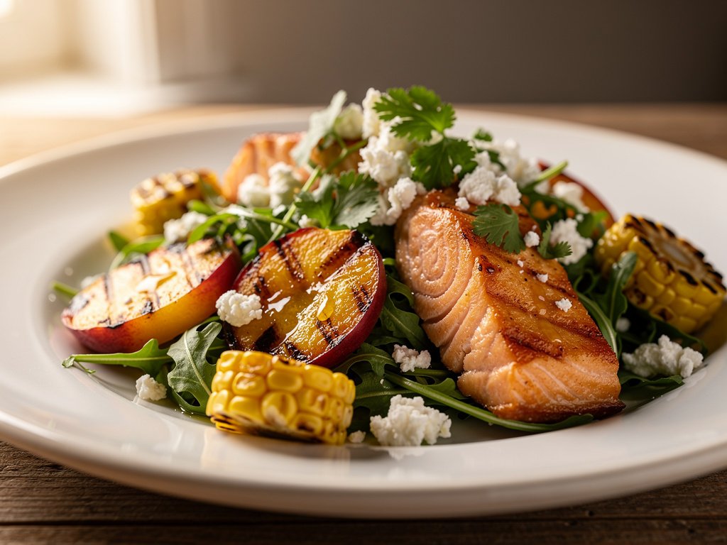 Charred Corn and Salmon Salad with Peaches and Cumin-Coriander Vinaigrette