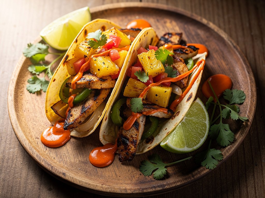 Charred Pineapple Chicken Tacos with Smoky Red Pepper Crema