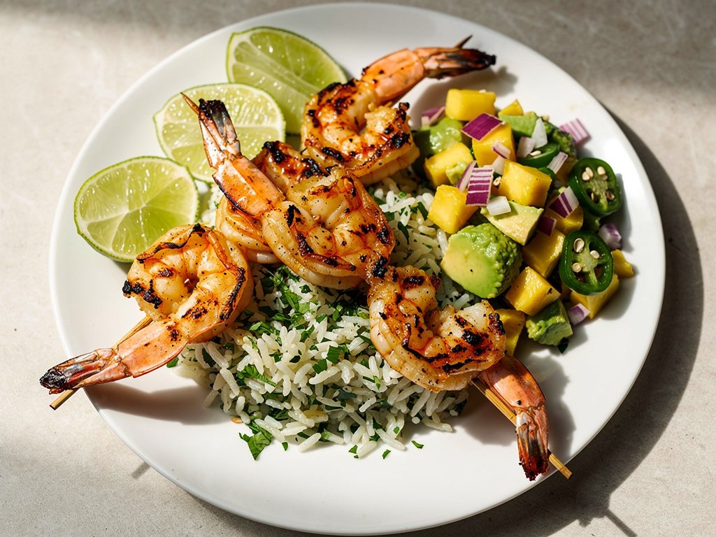 Charred Shrimp Skewers with Pineapple-Avocado Salsa and Cilantro Rice