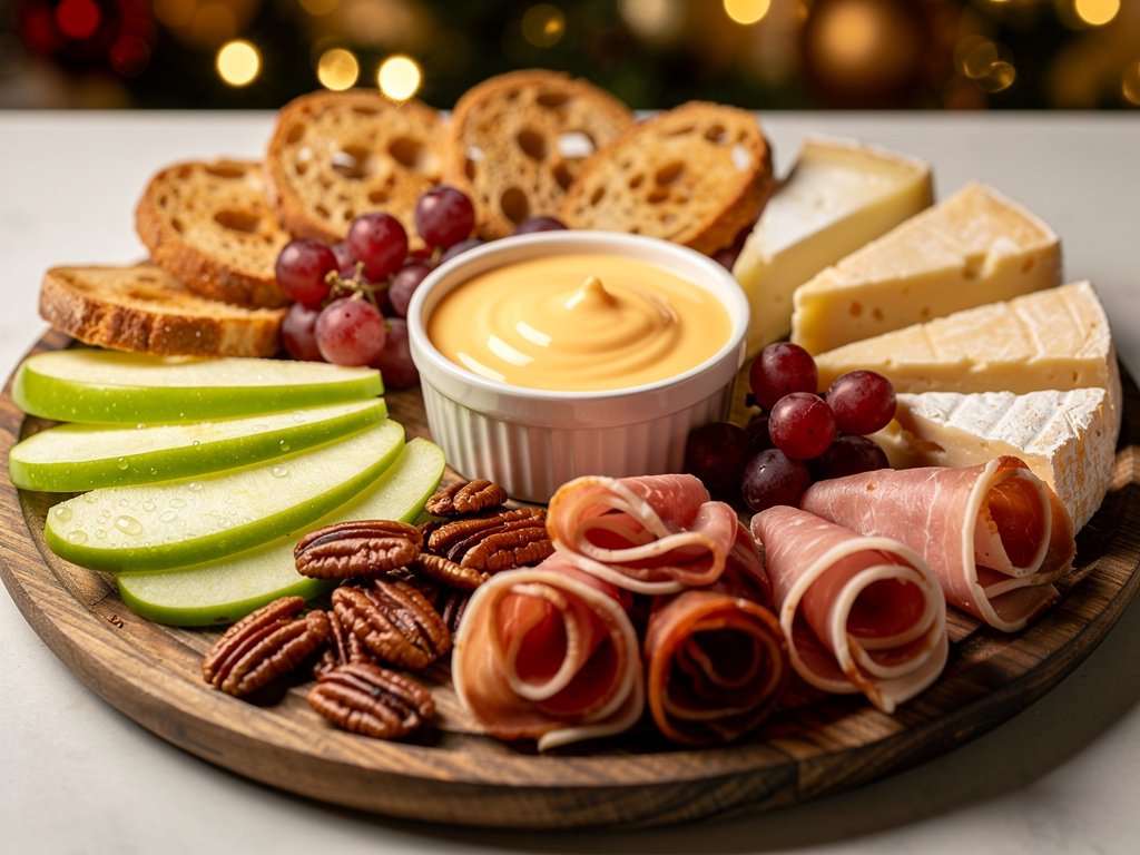 Cheddar Fondue and Charcuterie Board with Spiced Pecans and Crostini