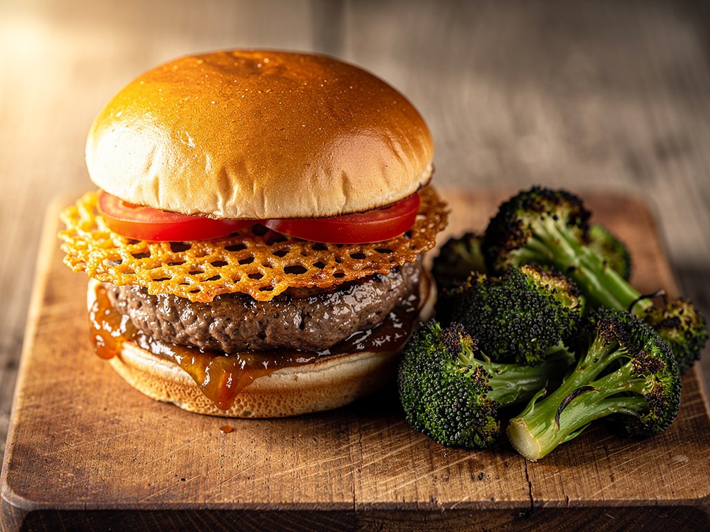 Cheddar Frico Burgers with Caramelized Onion Jam and Roasted Broccoli