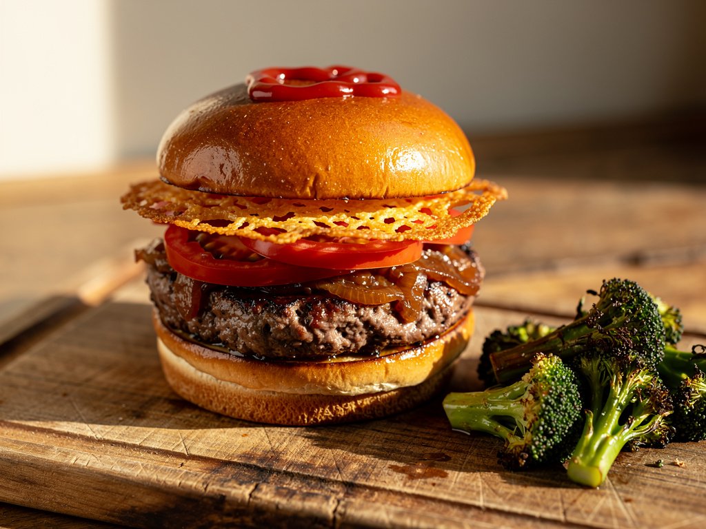 Cheddar Frico Burgers with Caramelized Onion Jam and Roasted Broccoli