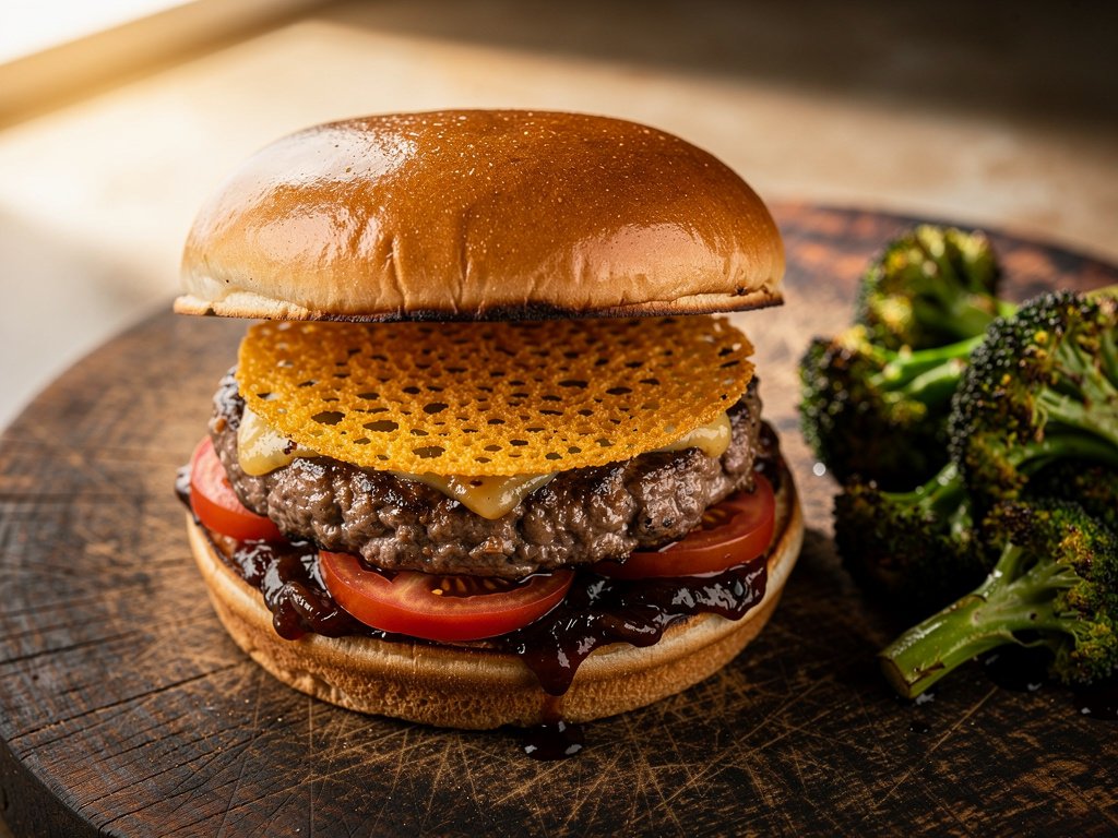 Cheddar Frico Burgers with Caramelized Onion Jam and Roasted Broccoli