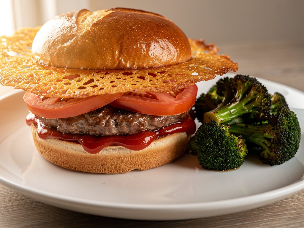 Cheddar Frico Burgers with Caramelized Onion Jam and Roasted Broccoli
