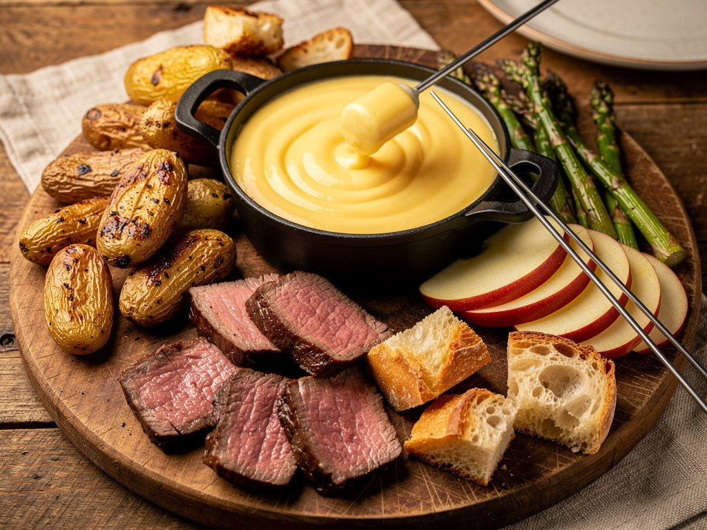 Cheddar-Gouda Fondue with Beef Tenderloin and Roasted Vegetables