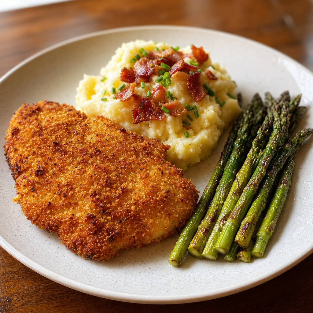 Cheddar Panko-Crusted Chicken with Bacon Chive Mashed Potatoes