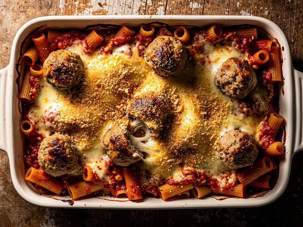 Cheese-Stuffed Meatball Rigatoni Bake with Crispy Panko Parmesan Topping