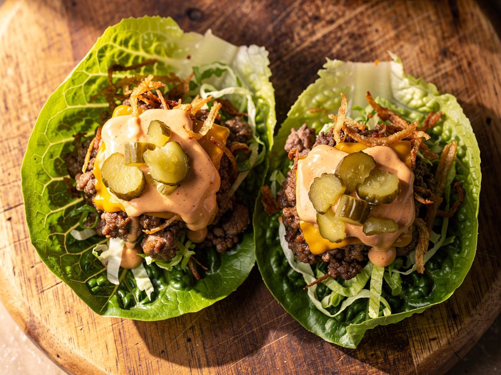 Cheeseburger Lettuce Wraps with Special Sauce and Crispy Onions