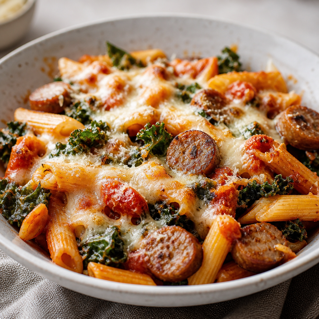 Cheesy Baked Penne with Italian Chicken Sausage and Kale