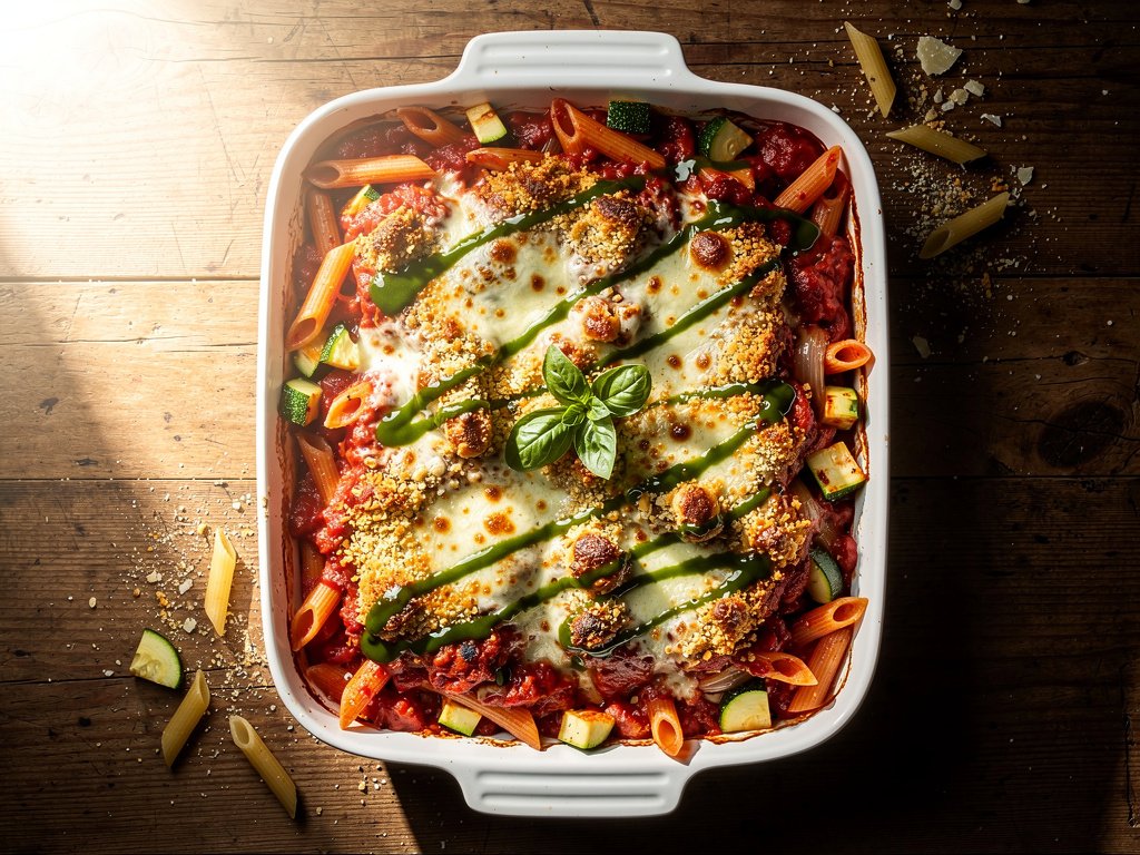 Cheesy Baked Penne with Zucchini and Tuscan Herbs