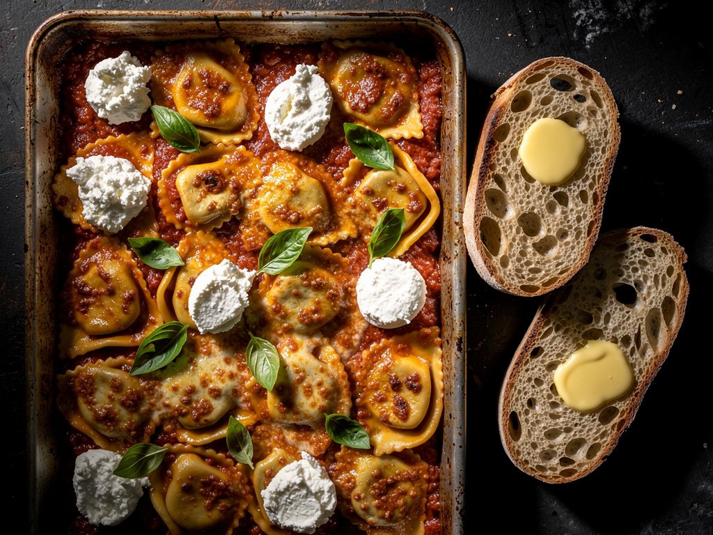 Cheesy Baked Tortelloni with Marinara and Toasted Ciabatta