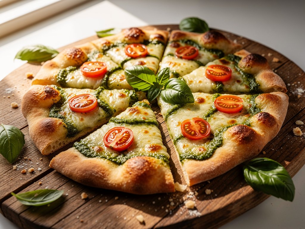 Cheesy Basil Pesto Flatbread with Mozzarella and Tomato