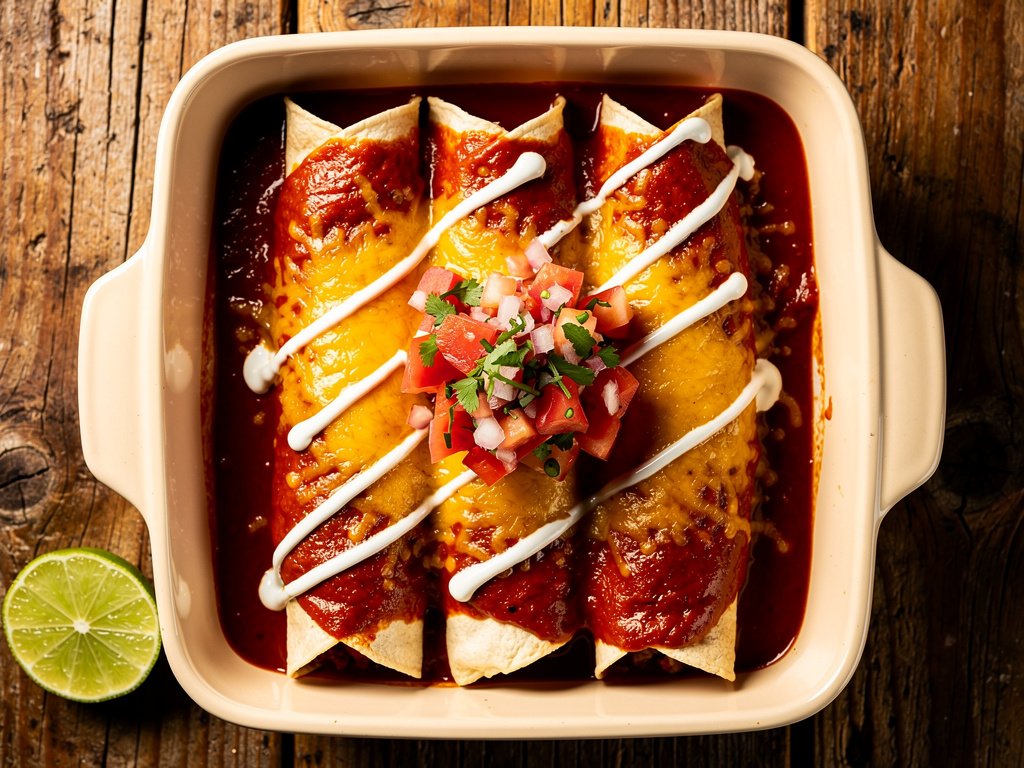 Cheesy Black Bean Enchiladas with Lime Crema and Pico de Gallo