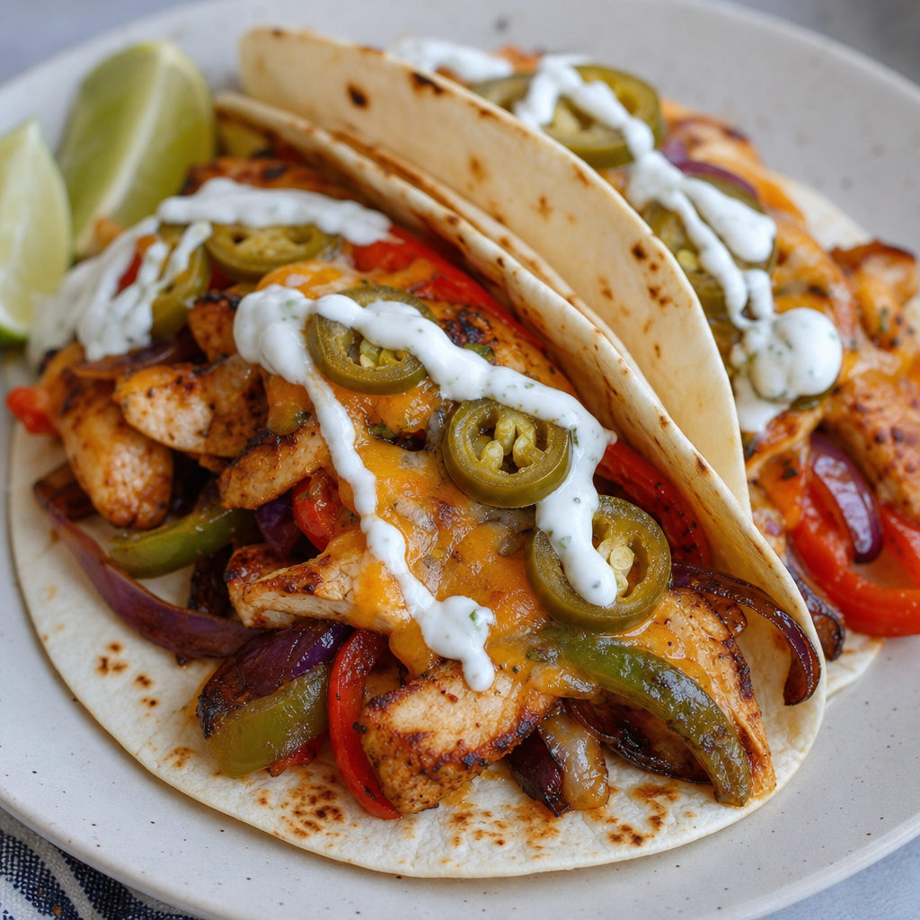 Cheesy Chicken Fajitas with Bell Pepper, Pickled Jalapeño and Lime Crema