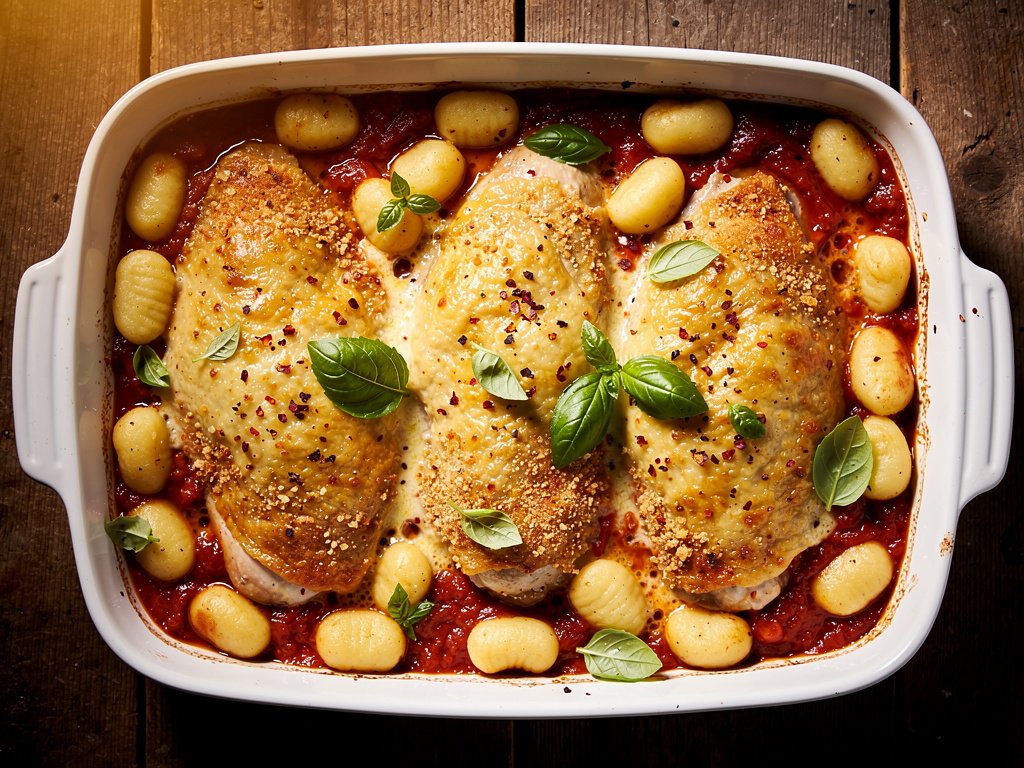 Cheesy Chicken and Gnocchi Bake with Marinara and Panko Crust