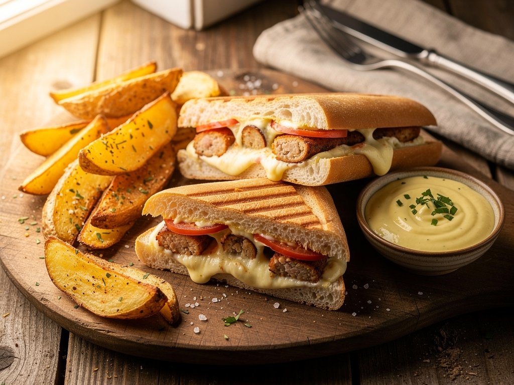 Cheesy Chicken Sausage Melts with Garlic Potato Wedges