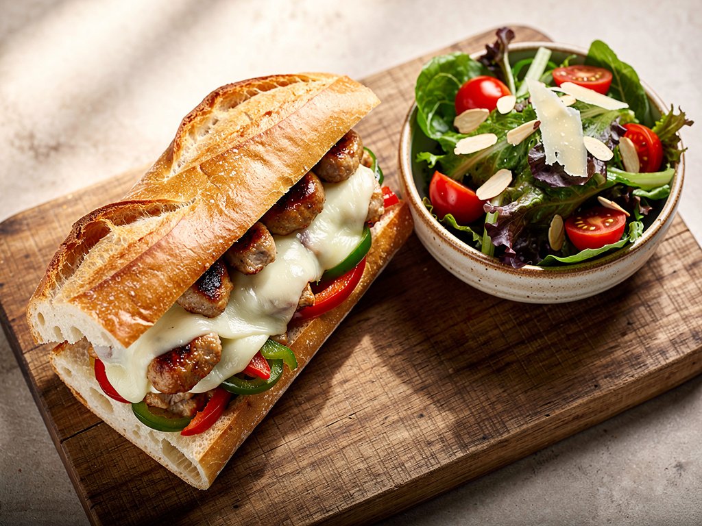 Cheesy Chicken Sausage and Pepper Sandwiches with Italian Salad