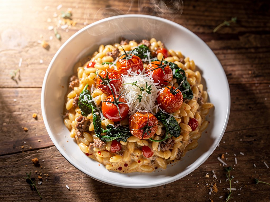 One-Pot Cheesy Chorizo Orzo with Roasted Tomatoes and Spinach