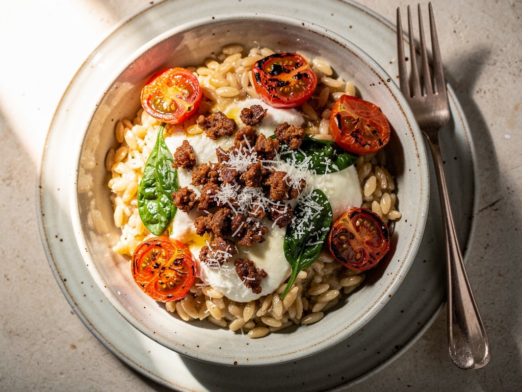 One-Pot Cheesy Chorizo Orzotto with Roasted Tomatoes and Spinach