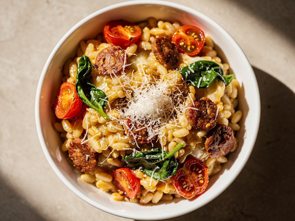 One-Pot Cheesy Chorizo Orzotto with Tomatoes and Spinach