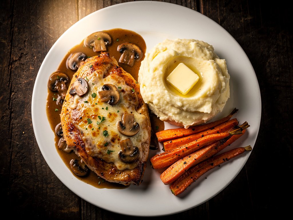 Cheesy Mushroom Chicken with Mashed Potatoes and Roasted Carrots